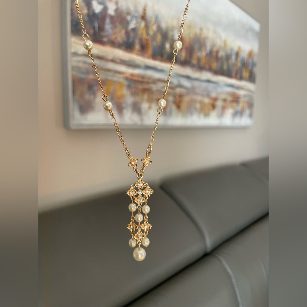 Signed NWT Vintage Gold Pearl Drop Necklace